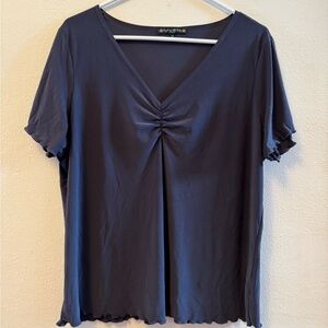 Suzie In The City Gray V-Neck Short Sleeve Top with Front Gather Ruffled Sleeves